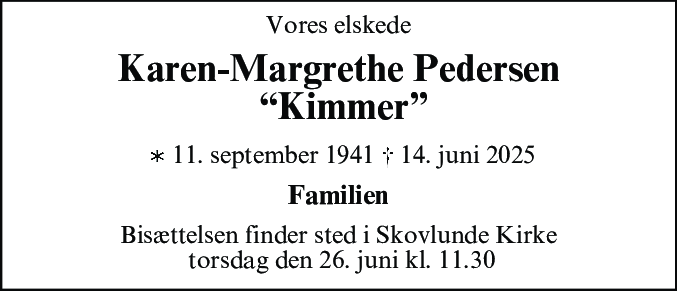 Dødsannonce for Karen-Margrethe Pedersen