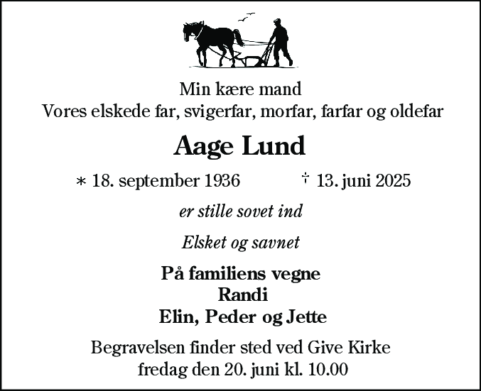 Dødsannonce for Aage Lund