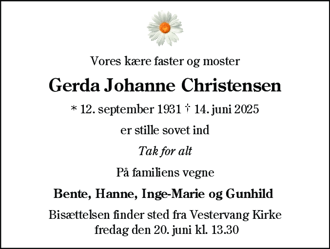 Dødsannonce for Gerda Johanne Christensen