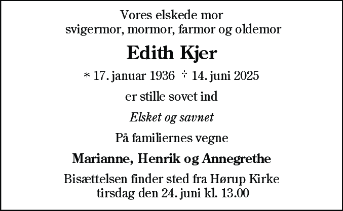 Dødsannonce for Edith Kjer