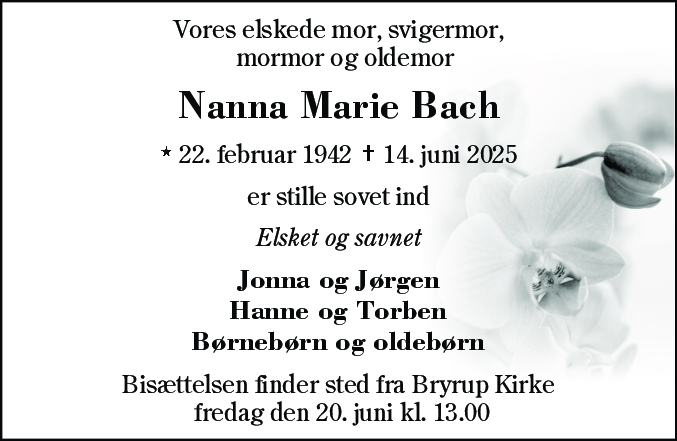 Dødsannonce for Nanna Marie Bach