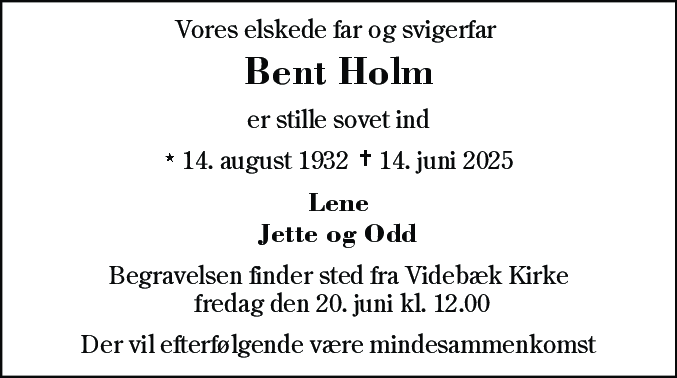 Dødsannonce for Bent Holm