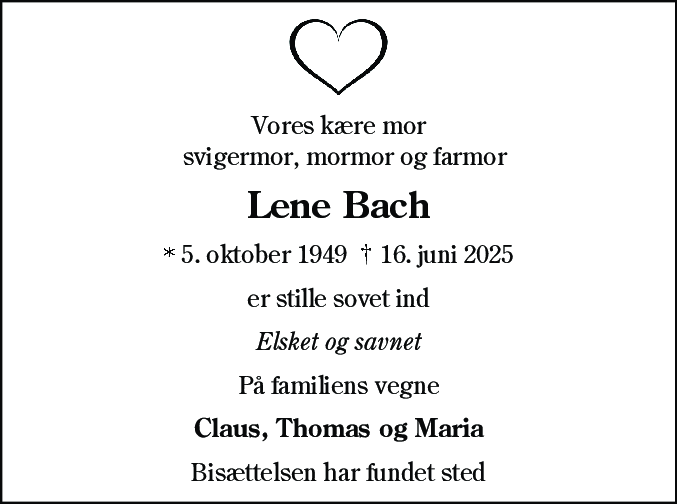 Dødsannonce for Lene Bach