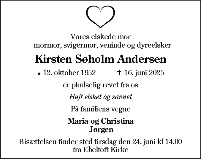 Dødsannonce for Kirsten Søholm Andersen