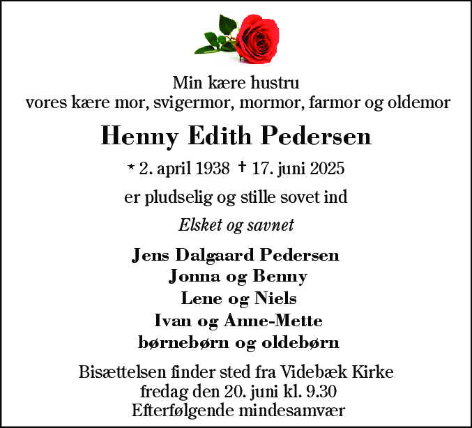 Dødsannonce for Henny Edith Pedersen
