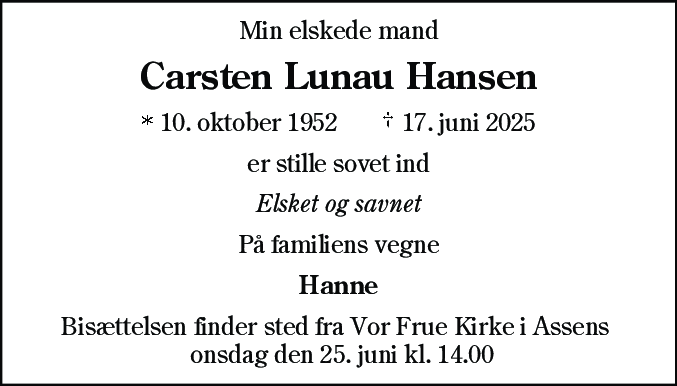 Dødsannonce for Carsten Lunau Hansen