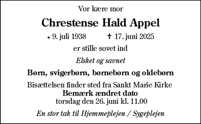 Dødsannonce for Chrestense Hald Appel
