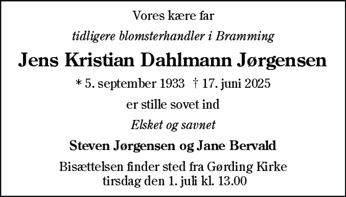 Dødsannonce for Jens Kristian Dahlmann Jørgensen