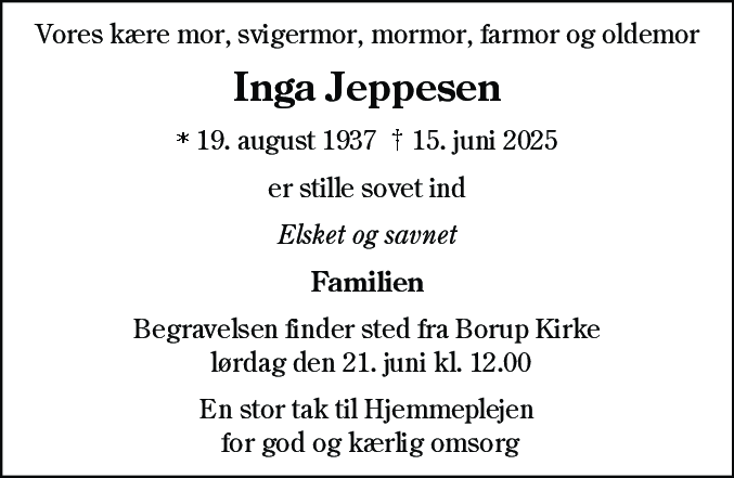 Dødsannonce for Inga Jeppesen