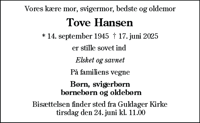 Dødsannonce for Tove Hansen