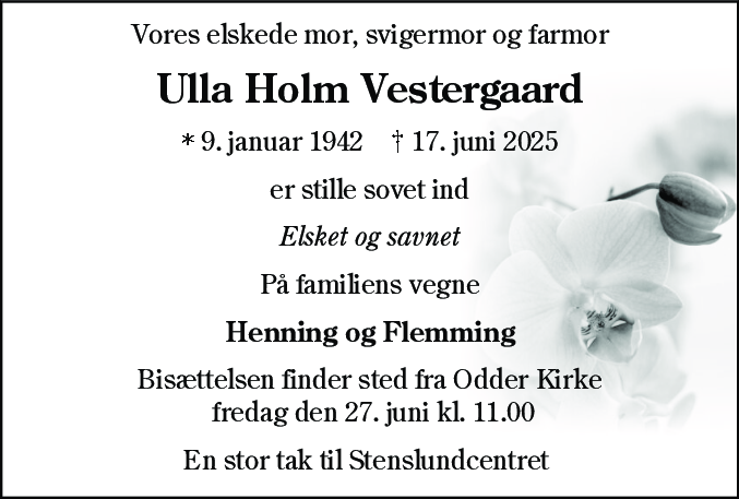 Dødsannonce for Ulla Holm Vestergaard