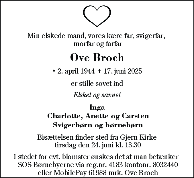 Dødsannonce for Ove Broch