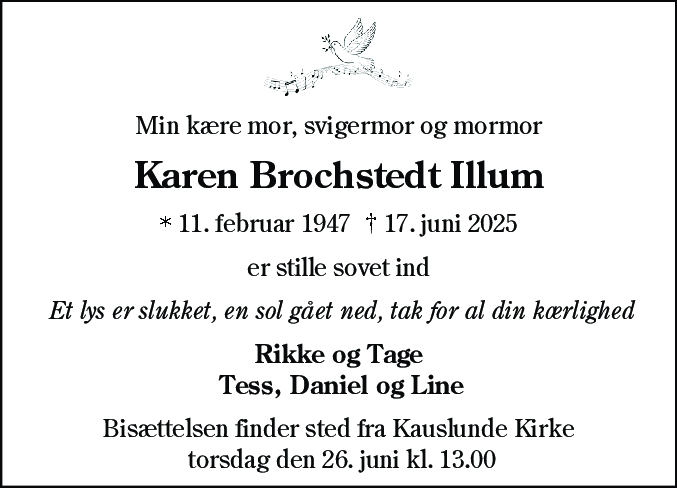 Dødsannonce for Karen Marie Brochstedt Illum