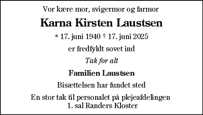 Dødsannonce for Karna Kirsten Laustsen