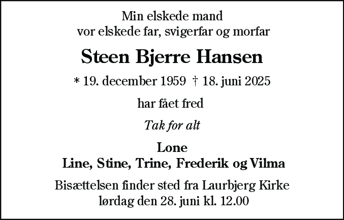 Dødsannonce for Steen Bjerre Hansen