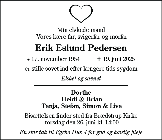 Dødsannonce for Erik Eslund Pedersen