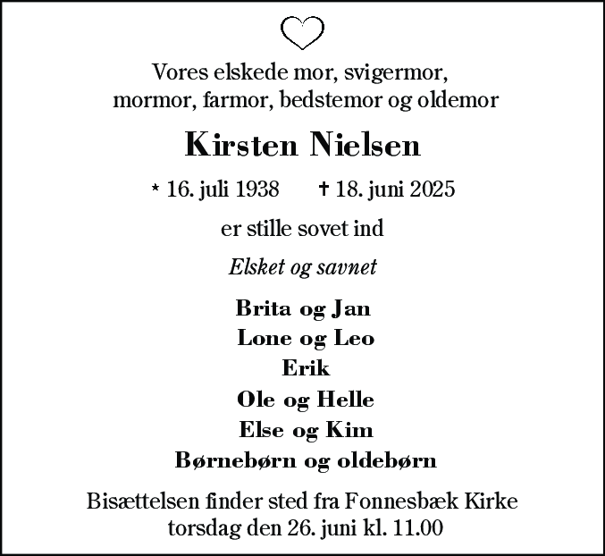 Dødsannonce for Kirsten Nielsen