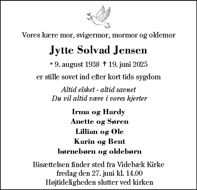 Dødsannonce for Jytte Solvad Jensen