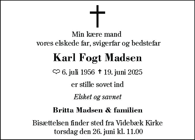 Dødsannonce for Karl Fogt Madsen