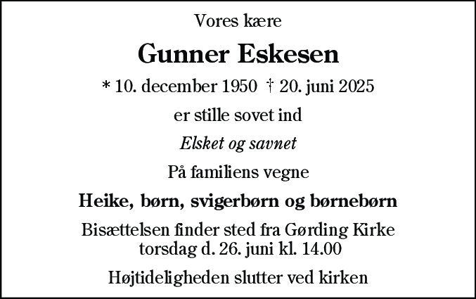 Dødsannonce for Gunner Eskesen