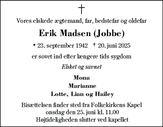 Dødsannonce for Erik Madsen
