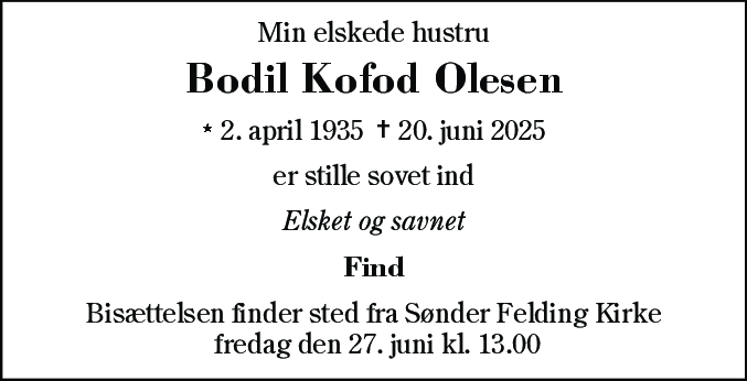 Dødsannonce for Bodil Kofod Olesen