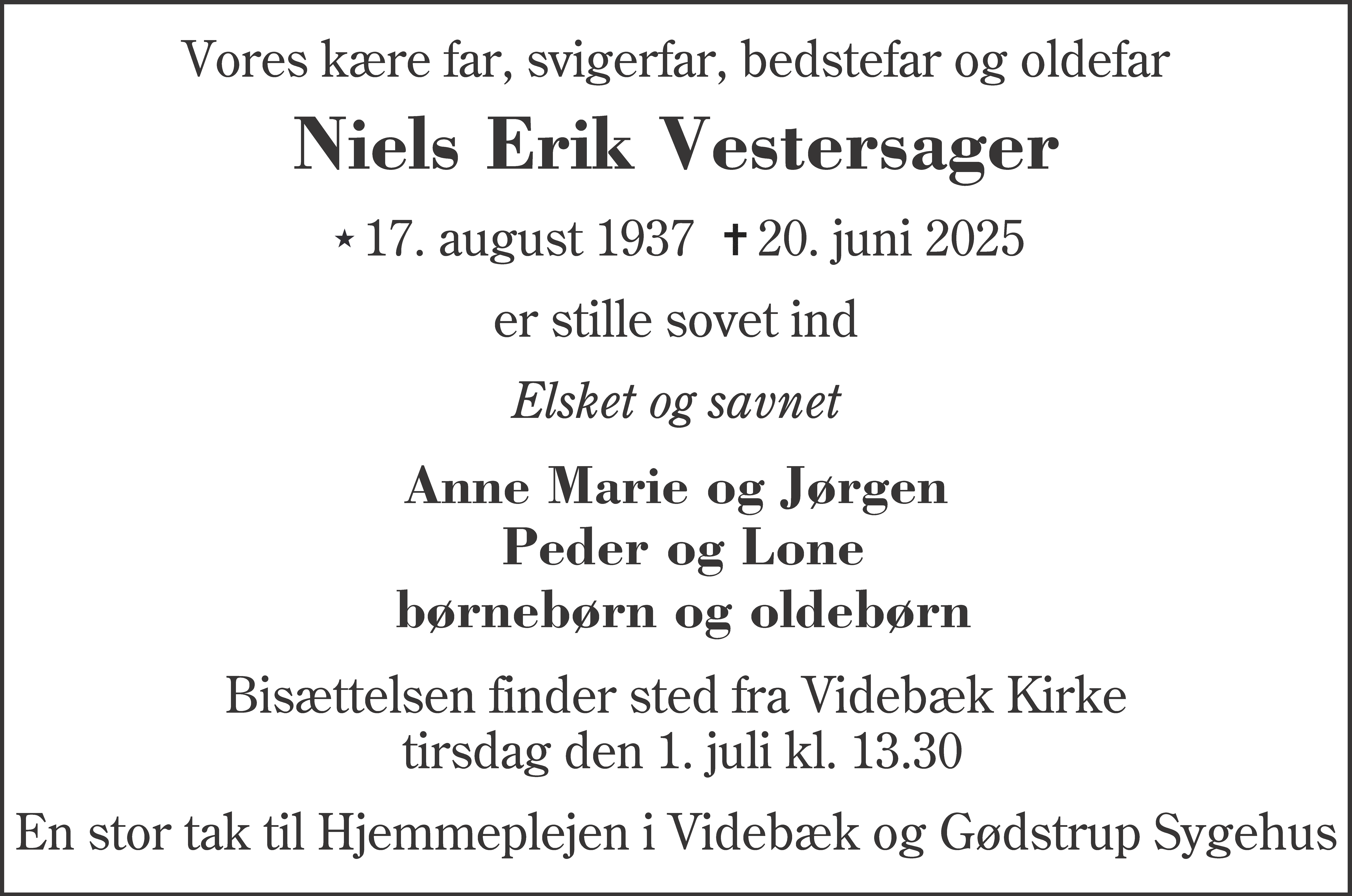Dødsannonce for Niels Erik Vestersager
