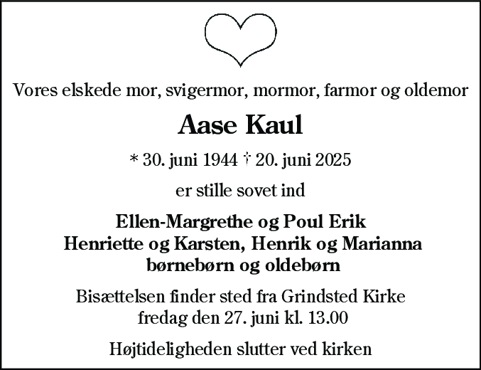 Dødsannonce for Aase Kaul