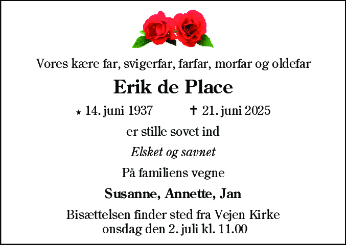 Dødsannonce for Erik Kurt de Place