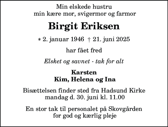 Dødsannonce for Birgit Eriksen