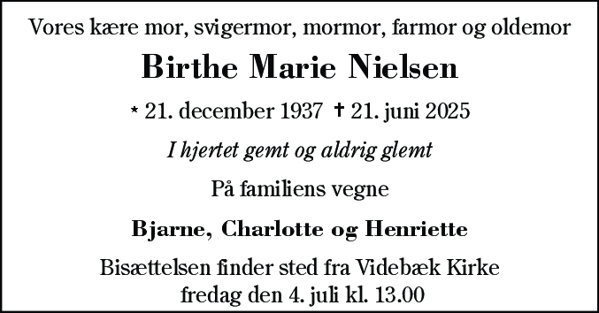 Dødsannonce for Birthe Marie Nielsen
