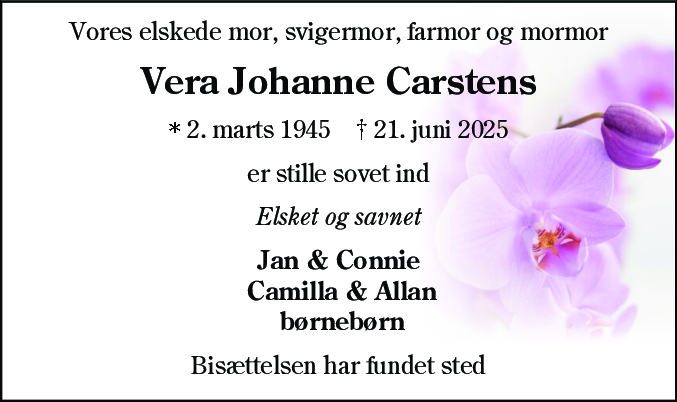 Dødsannonce for Vera Johanne Carstens
