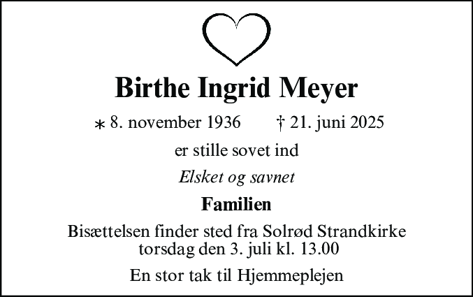 Dødsannonce for Birthe Ingrid Meyer