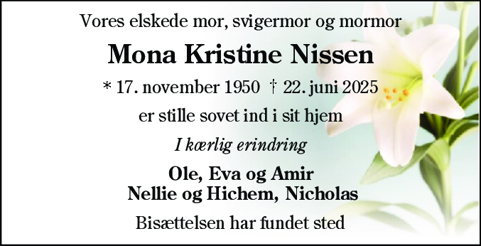 Dødsannonce for Mona Kristine Nissen