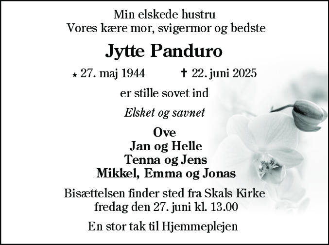 Dødsannonce for Jytte Panduro