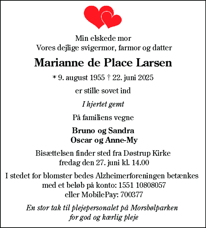 Dødsannonce for Marianne de Place Larsen