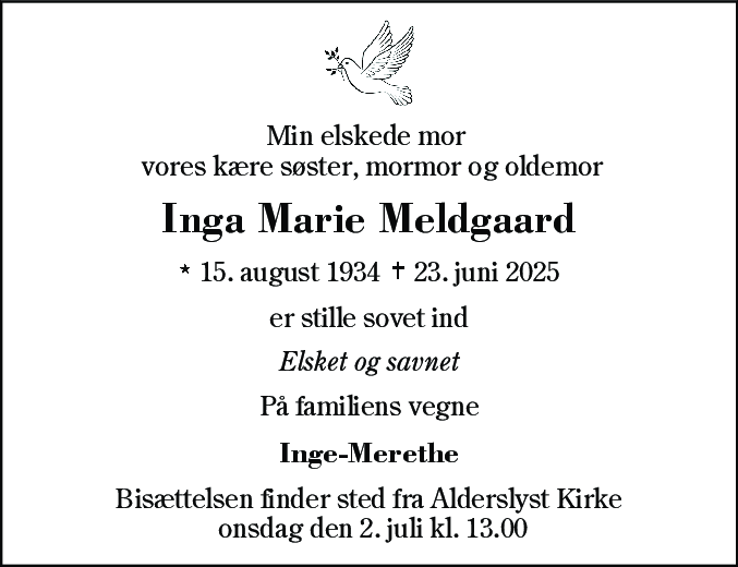 Dødsannonce for Inga Marie Meldgaard