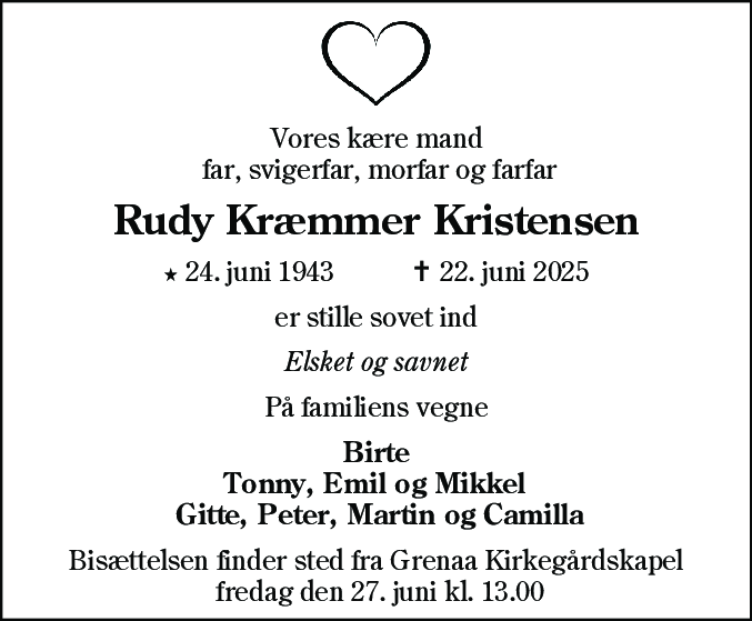 Dødsannonce for Rudy Kræmmer Kristensen