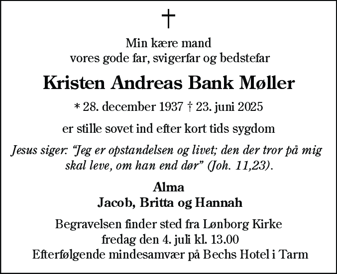 Dødsannonce for Kristen Andreas Bank Møller