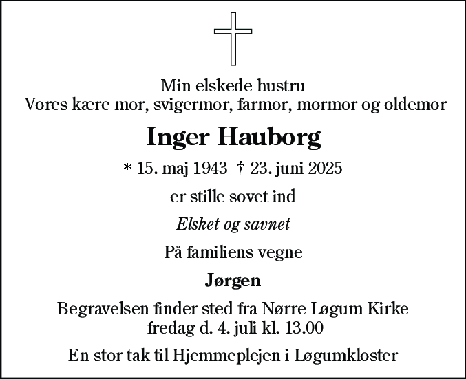 Dødsannonce for Inger Hauborg