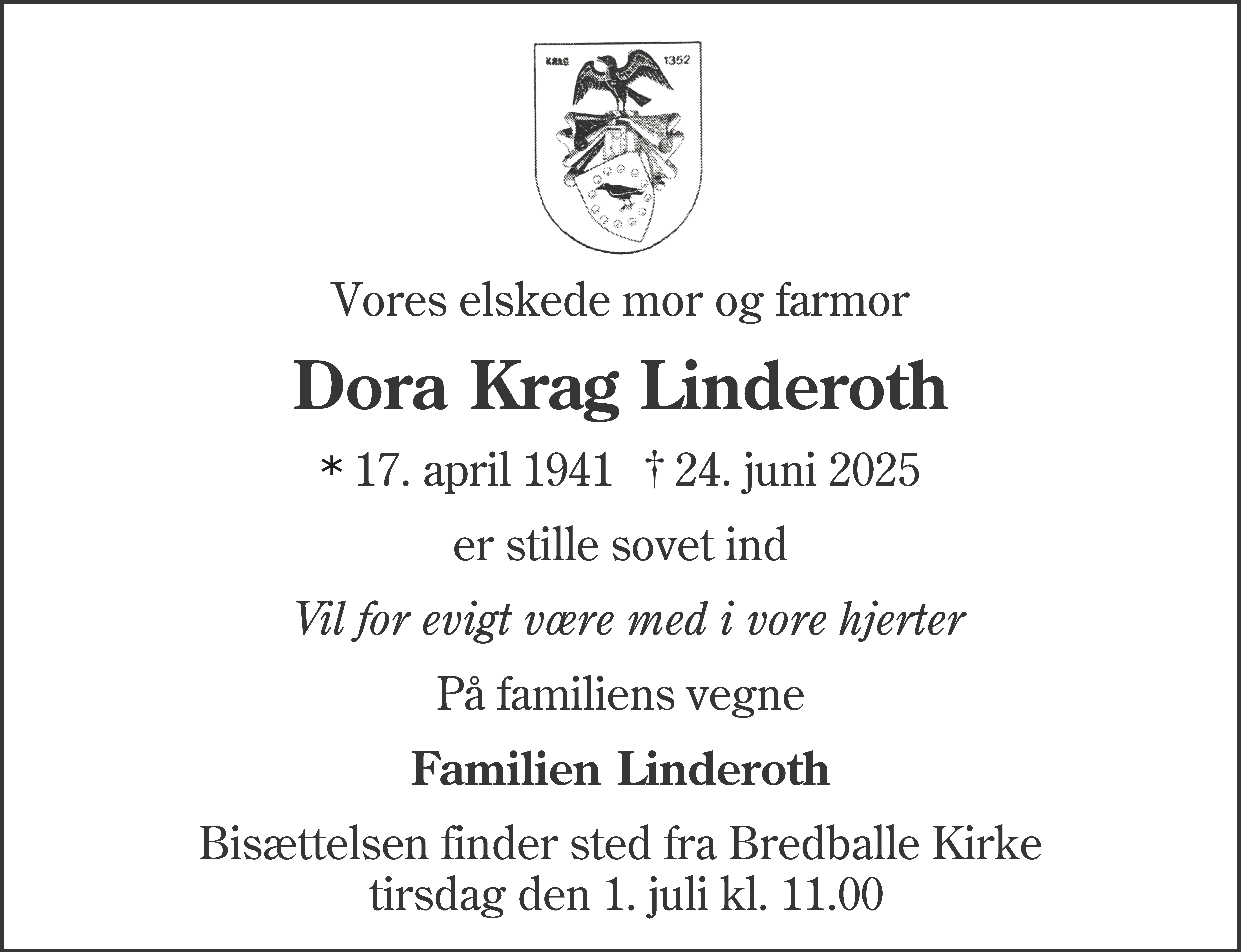 Dødsannonce for Dora Krag Linderoth
