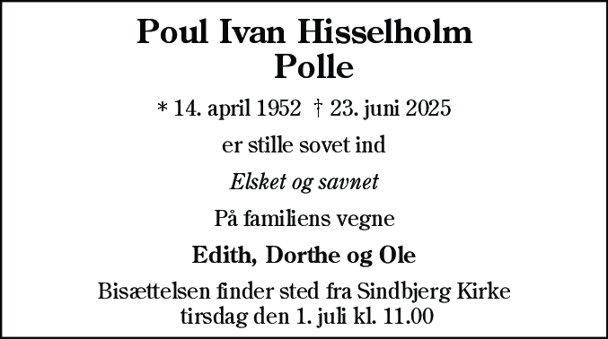 Dødsannonce for Poul Ivan Hisselholm