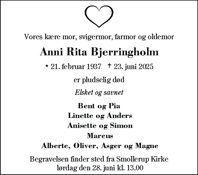 Dødsannonce for Anni Rita Bjerringholm