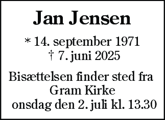 Dødsannonce for Jan Jensen