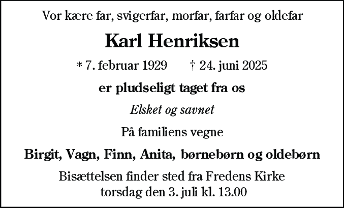 Dødsannonce for Karl Henriksen