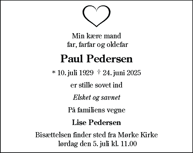 Dødsannonce for Paul Pedersen