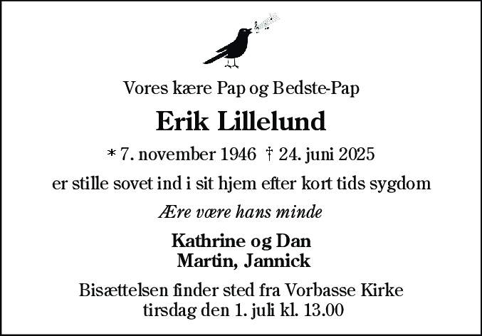 Dødsannonce for Erik Lillelund