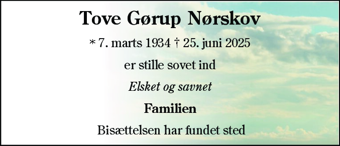 Dødsannonce for Tove Gørup Nørskov