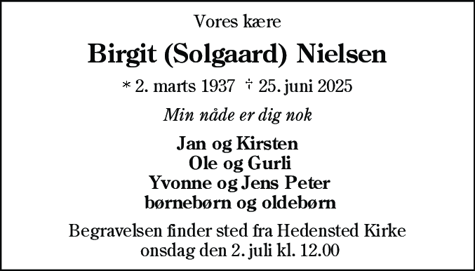 Dødsannonce for Birgit Nielsen
