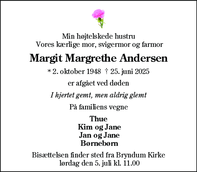 Dødsannonce for Margit Margrethe Andersen
